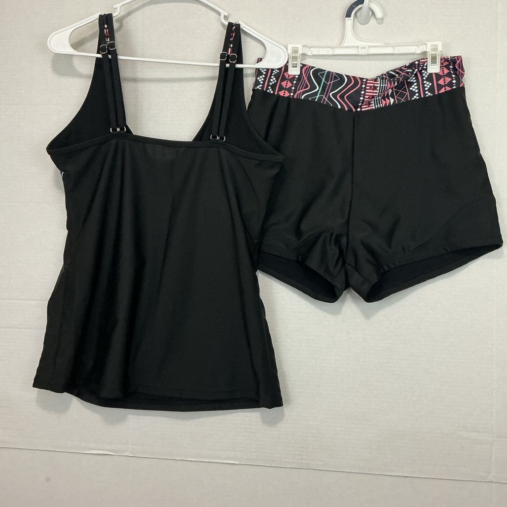 Black with Pink Geometric Waistband Two Piece Bathing Suit Size L